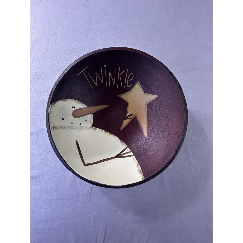 Painted  Primitive Wooden Folk Art Bowl "Twinkle" Star Snowman Has Scratches